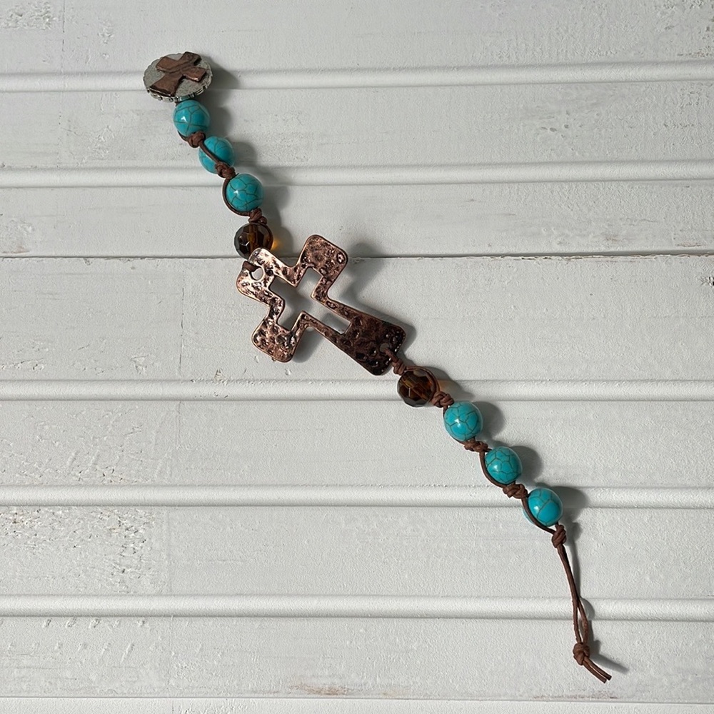 Copper cross bracelet turquoise leather beaded hammered metal boho Gypsy style - Picture 6 of 9